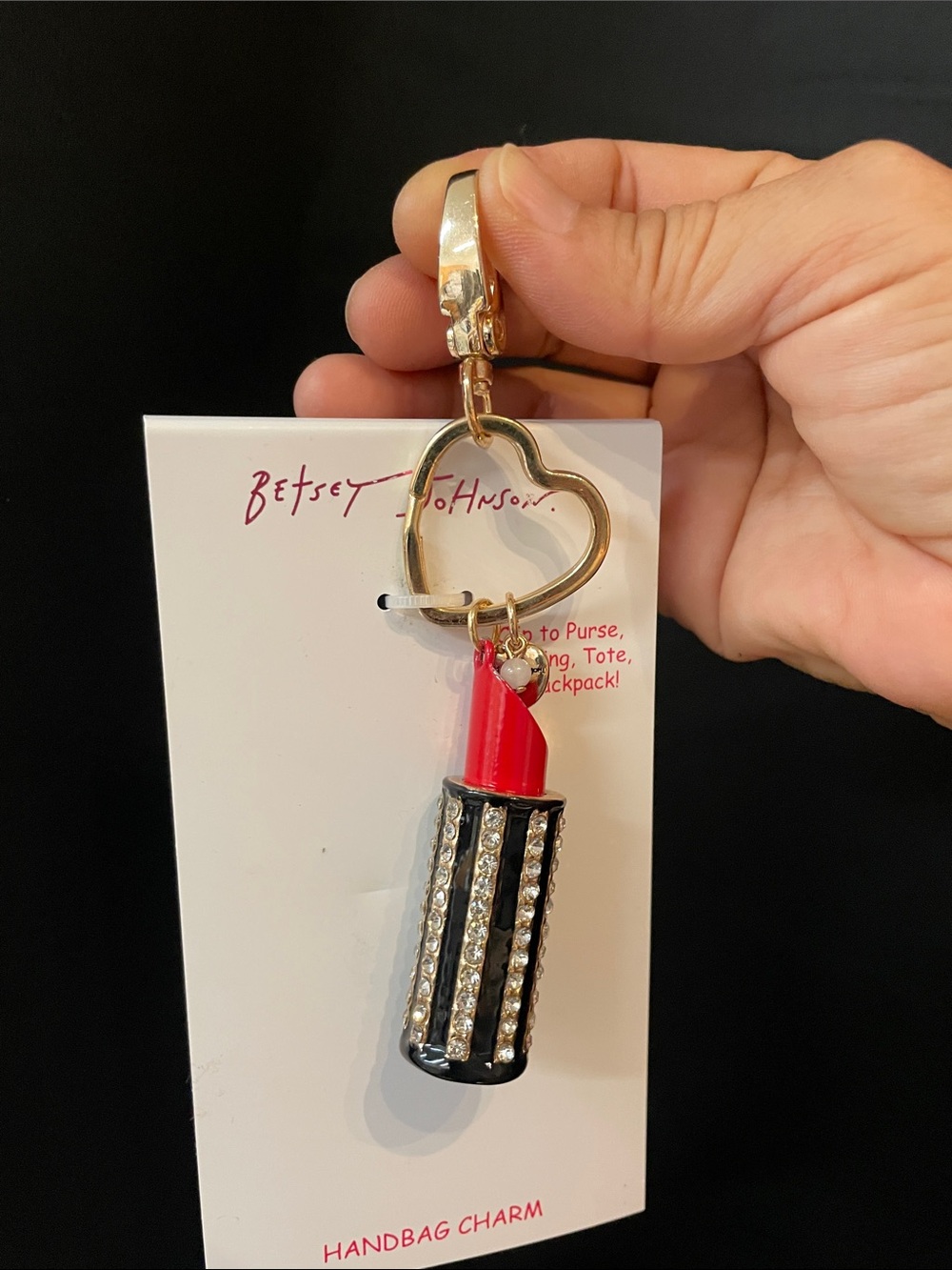 Betsey Johnson Black & Red Lipstick Charm Keychain with Crystal Stripes - Picture 6 of 8
